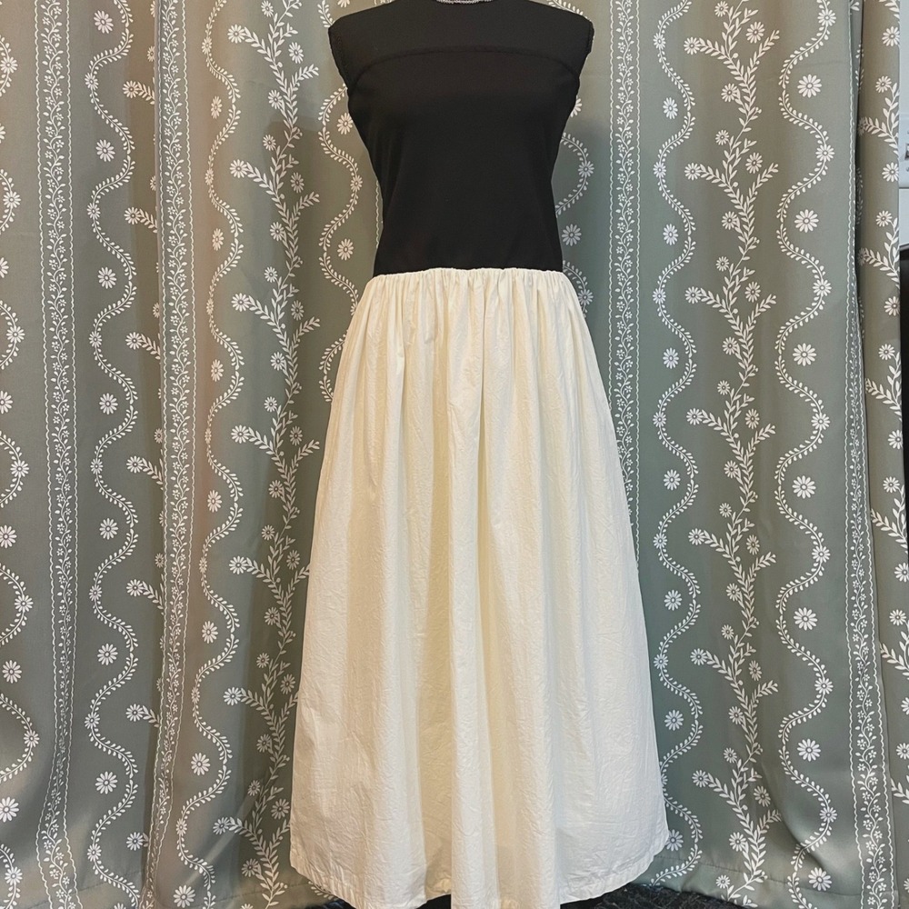 Anthropologie Paper Heart Strapless Midi Dress Black Cream XL Minimalist Boho‎